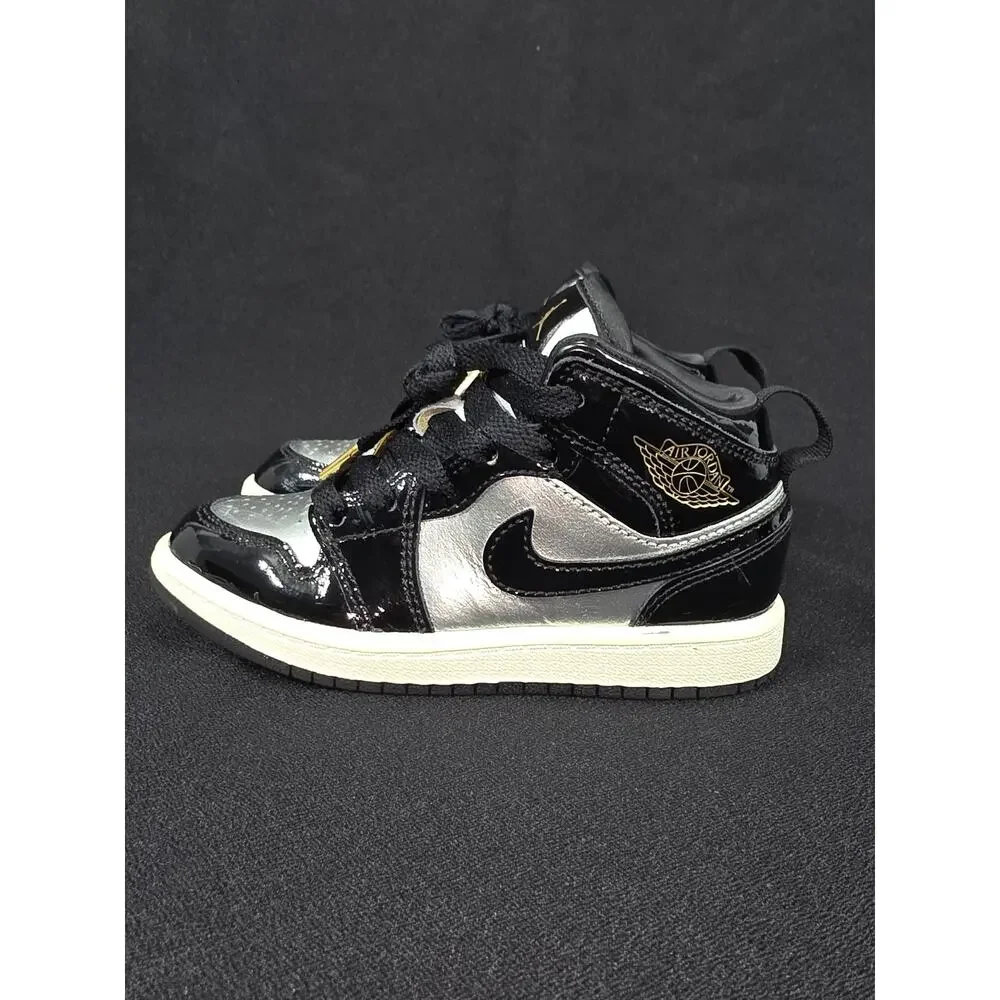 Nike Air Jordan 1 Mid Special Edition Black Metallic Silver Gold Size 11C